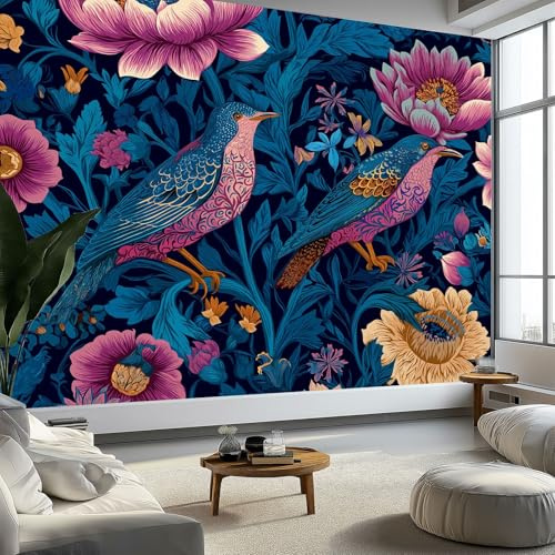 Blu Muralo - Fiori Uccelli Vivaci E Delicati Carta da parati 3D per cameretta dei bambini in tessuto non tessuto, per ragazze e ragazzi decorazione da parete 400 x 280 cm