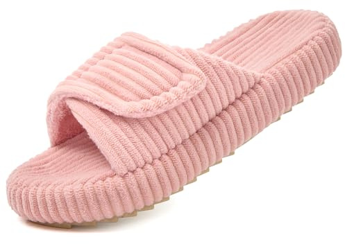 Coswind Zapatillas Casa Mujer Puntera Abierta Memory Foam Pana Pantuflas | Velcro Ajustable Slippers, Suave y Cómodas, Antideslizante, Interior y Exterior