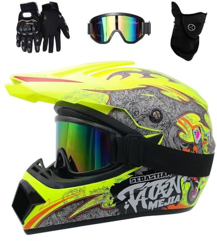 Kids Motocross Helmet Set, Youth Unisex Full Face MTB Off Road ATV Motorbike Helmet, Downhill BMX Enduro Quad Dirt Bike Crash Helmet, with Goggles Gloves Mask