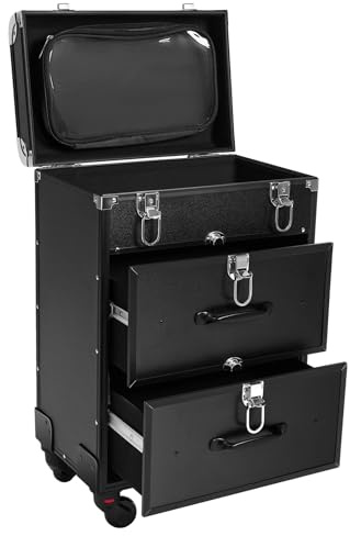 Carro de cosméticos con 2 cajones – Maletín de maquillaje grande con ruedas, marco de aluminio con cerradura, para peluquería y diseño de uñas, color negro