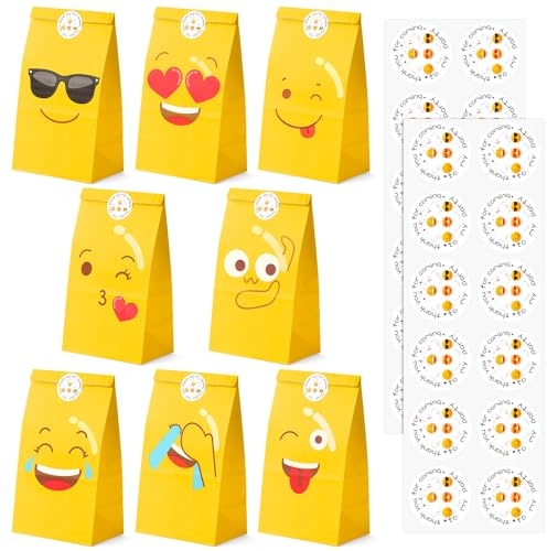 AOOWU Festpåsar, 24 st presentpåsar för barnkalas, kraftpapper godispåsar, Emoji födelsedagspresentpåse med 24 klistermärken, gåvor sötsakspåsar, gult roligt emoji-tema, festpåsar för presenter