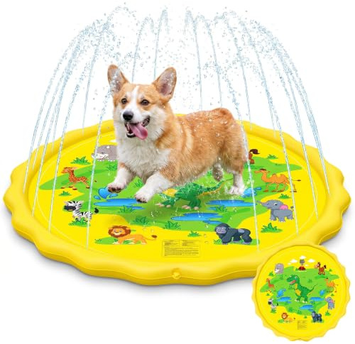 Splash Pad - 170CM Splash Water Play Mat Sprinkler Splash Play Mat for Dog Toddlers Water Play Sprinklers Games Summer Garden Fun Backyard Spray Mat Toy Gifts (Yellow Dinosaur)