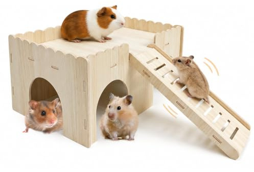 JurciCat Cabane Cochon d'Inde Maison Lapin avec Escalier Et 4 Entrées Maison Hamster pour Petits Animaux Gerbilles Dégus Hamsters Nains Souris À Épines