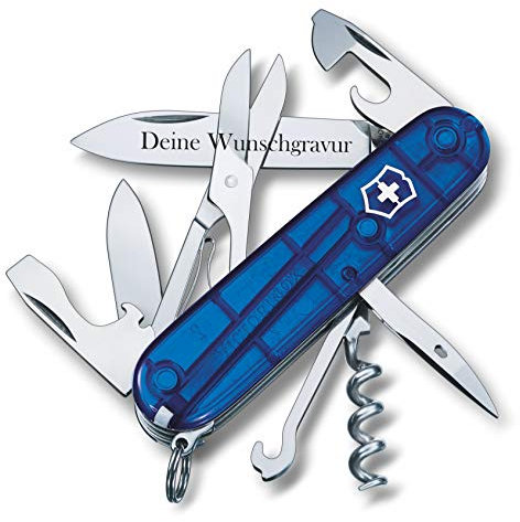Victorinox Coltello da Tasca Scalatore con Richiesta Incisione Auf der Lama I Regalo per Uomini Donne I per Compleanno I Svizzero Personalizzato con 14 Funzioni 1.3703 - Blu Trasparente, 91x27x18 mm