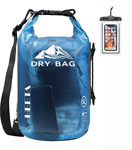 HEETA Dry Bag Waterproof for Women Men, Roll Top Lightweight Dry Storage Bag Backpack with Phone Case for Travel Swimming Boating Kayaking Paddle Board Camping Beach Accessories (Transparent Blue,10L)