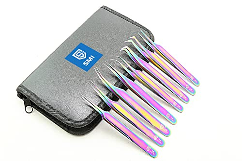 SMI 8 st Pincett för ögonfransförlängning set ögonfranspincett ögonfransförlängningspincett rostfritt stål precision-pincett 3D 6D falska fransar pincett rak och böjd med etui - regnbåge