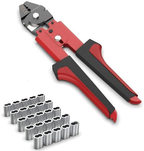 Wire Rope Crimping Tools,0.1-2.2mm Ferrule Crimping Tool Swager Wire Crimper Cutters with 100PCS Aluminum Double Barrel Ferrule Crimping Loop Sleeve Kit Hand Crimper for Fishing Hanging Wire Fencing