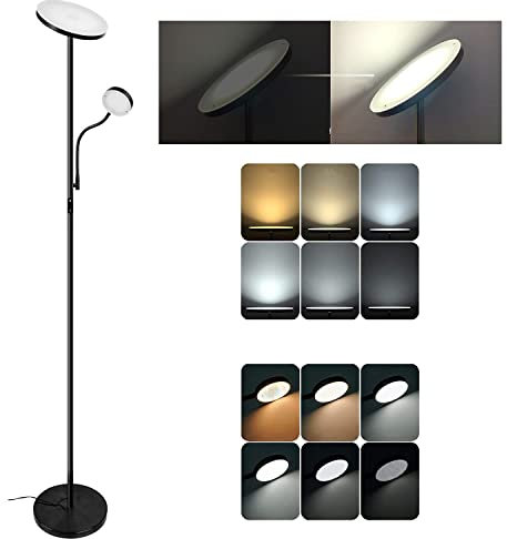 Osasy Lampadaire 2 LEDs, Infinite Dimmable Lampe Sur Pied, uplight mère/principale 20W 1800 lumens, lampe de lecture enfant/latérale 4W 280 lumens, métal, noir,hauteur 178 CM dernière design