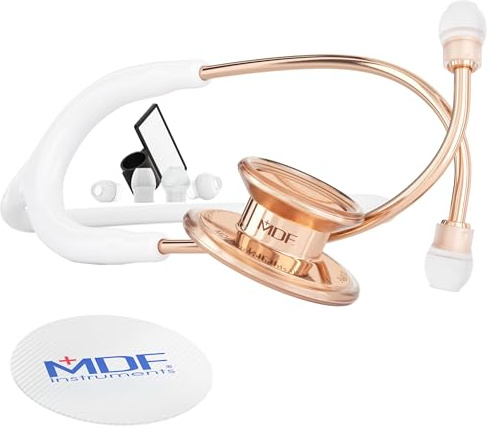 MDF Instruments MD One Epoch Lightweight Titanium Stethoscope, Adult, Free-Parts-for-Life, White Tube, Rosegold Chestpiece-Headset, MDF777TRG29