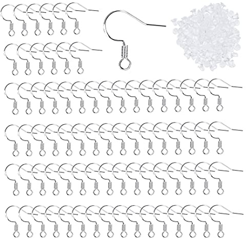Ohrring Selber Machen Set, 100 Stück 925 Sterling Silber Ohrring Ohrhaken | Ohrhänger Haken, mit 120 Stück Durchsichtigen Gummi Ohrstopper, für DIY Schmuckherstellung Ohring Zubehör