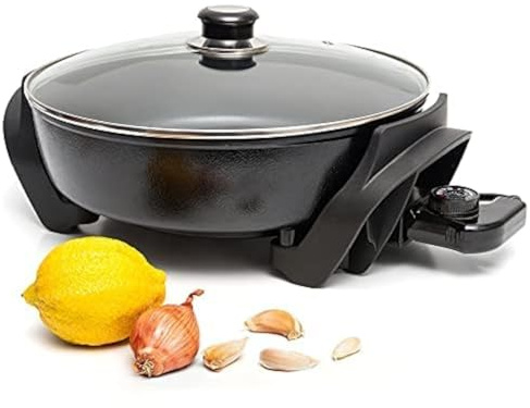 Moss & Stone Round Electric Skillet with Lid – 12x12 Inch Aluminum Nonstick Electric Frying Pan 5Qt, Adjustable Temperature Control, Vented Glass Lid, Dishwasher Safe, Heat-Resistant Handles