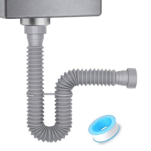 Cinsda Flexible Sink Drain Pipe, 1-1/2 P-trap with Adapter, Expandable Tubular Drain Tubing, Adjustable P Trap for Kitchen Sink & Garbage Disposal