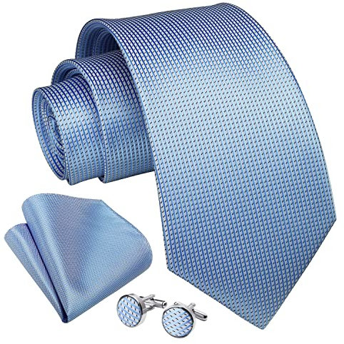 Enlision Herren Hellblau Krawatte Taschentuch Hochzeit Formell Business Gestreifte Krawatten und Einstecktuch Manschettenknöpfe Set