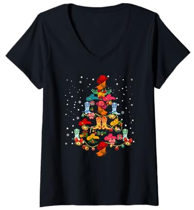 Womens Line Dance Boots Christmas Tree - Line Dance Boots Xmas Tree V-Neck T-Shirt