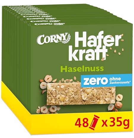 Haferriegel Corny Haferkraft Zero Haselnuss | Vegan | 125 kcal | 48 x 35 g | Vollkornhafer | Ohne Zuckerzusatz | Bewusste Snackmomente | Frühstück, Büro & Pausen | Ideal für Sport, Wandern & Freizeit