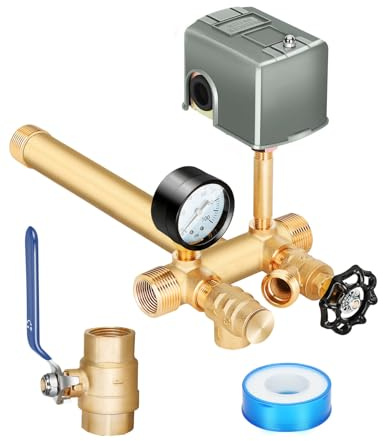Miumoon 1x 11Well Pressure Tank Tee Kit with 40-60Psi Pressure Switch, Ball Valve, 100 Psi Pressure Gauge, Relief Valve, Drain Valve, Well Tank Tee Kit for Pressure Tank with Diameters Up to 16