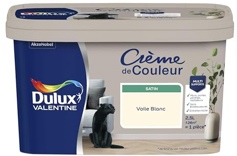 Dulux Valentine Crème de Couleur - Peinture multi-supports intérieure - Satin Voile Blanc 2,5 L