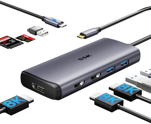 SSK Station d'accueil USB C 3 moniteurs, 9 en 1 Single 8K/Dual 4K60Hz Hub USB C DisplayPort Dock avec 2 Ports HDMI, DisplayPort, 100 W PD, 3 USB, SD/TF, Station d'accueil pour Ordinateur Portable
