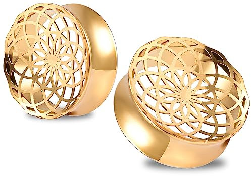 Vankula Ohr Flesh Tunnel Double Flared Plug Hohl Edelstahl für Gestreckte Expander Ohrpiercing 14mm(9/16) Gold