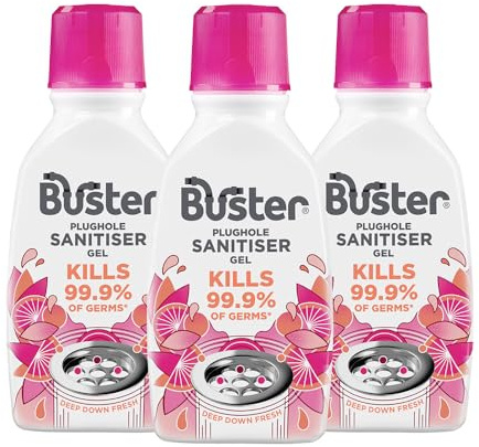 Buster Plughole Sanitiser Gel (Berry - Pack of 3 x 300ml) Fast-Acting Sink and Drain Cleaner for Bad Smells and Stains, Kills 99.9% Germs on Drains & Stainless Steel Sinks, Fresh Scent - Made in UK