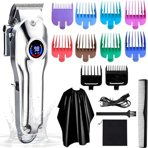 Gabrella Men’s Barber Clippers Waterproof Cordless Hair Clipper & Shaver, Rechargeable Trimmer, Male Grooming Set, Colorful Guide Combs