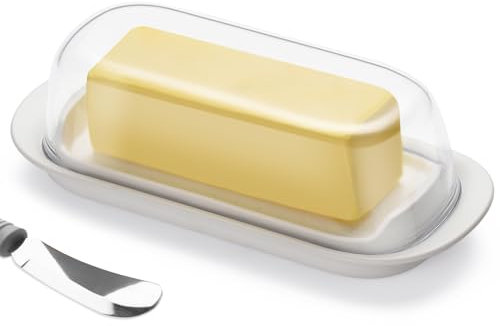 Hekeieon Butter Dish with Clear Lid, Butter Keeper, Easy Scoop,Butter Container Holds for East/West Coast Butter, Dishwasher Safe(White)