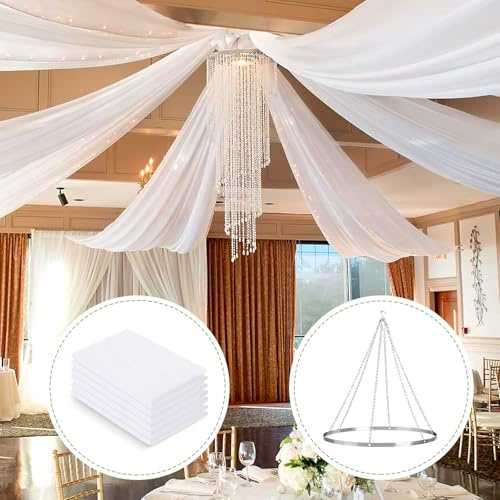 Ceiling Drapes Hanging Kit with Drapery: 6 Panels 5ftx15ft Long Curtains - White Wedding Chiffon Fabric for Outdoor Canopy