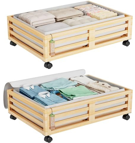 Wisuce Bamboo Under Bed Storage Containers- Underbed Organizer with Wheels with Dust Bag,Sturdy Wood Rolling Under the Bed Shoe Storage Organizer Drawers (Nature, 2 Pack (23.62×16.54))