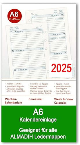 A6 Kompakt Kalendereinlage 2025 (1 Woche auf 2 Seiten) für ALMADIH Ledermappen: Terminplaner Organizer Kombimappe Ersatz Einlagen Wochen-Kalendarium Zeitplaner Jahresplan 4 sprachig (A6 Kalender 2025)