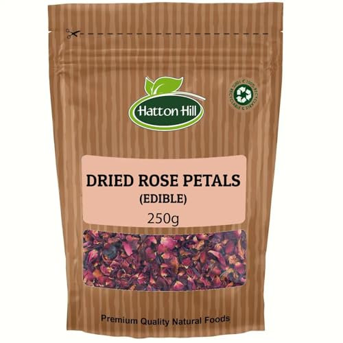 Dried Edible Rose Petals 250g by Hatton Hill | Pure, Red, Herbal Tea, Raw, DIY Body Care, Special Bath, Wedding Decoration and Potpourri, Perfect for Snack.