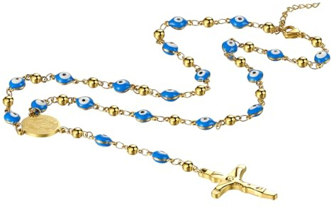 Flongo Böses Auge Rosenkranz Halskette: Y-Halskette mit Kreuz Anhänger Gold Böses Auge bunt Edelstahl Rosenkranz Jungfrau Maria katholische religiöse kette Damen Herren Katholizismus Virgin Mary