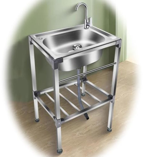 QSPNVFB Mobiles Camping Spültisch, Kleine Küchenspüle Freistehende Edelstahlspüle Ausgussbecken, Gewerbliche Spülbecken Waschbecken Für Restaurant Garten(with Faucet,53x38 cm(21x15in))