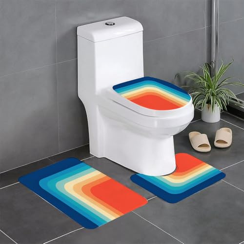 EYLOZS Badezimmerteppich Set 3 Teilig Waschbar rutschfeste Badematte Toilettenmatte Weich Saugfähige Badteppiche,Retro 70er Jahre