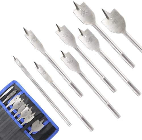 8PCS Spade Drill Bits Set,Ø 6-32 mm Flat Wood Drill Bit with Storage Pouch,Carbon Steel Heavy Duty Flat Wood Drill Bit Set for Woodworking,Wooden Surfaces,Plywood,Particleboard