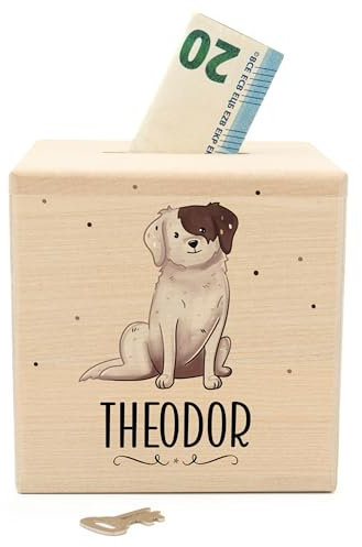 Muckelmeister Spardose Kinder Personalisiert mit Namen aus Holz - Hund | 10x10x10cm, Spardose mit Schloss und Schlüssel, Nikolaus Geschenk Kinder Weihnachten, originelle Geschenke zur Geburt
