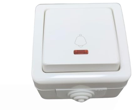 Pulsador exterior IP54 con indicador luminoso, 10A 250V, blanco; ideal para controlar iluminación y señalización en exteriores.