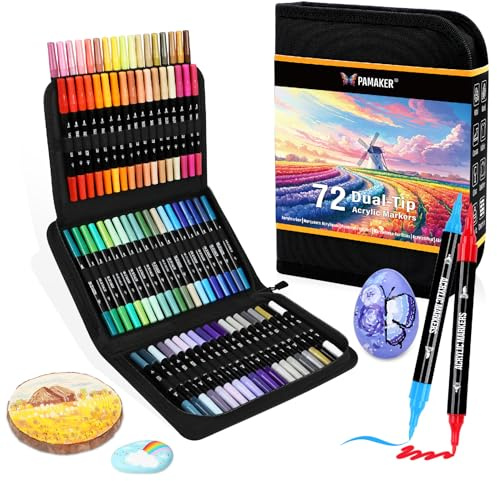 Pamaker 72 Farben Acrylstifte Set – Doppelseitige Spitzen, Multimarker für Steine, Holz, Stoff, Leinwand, Glas, Keramik in Stofftasche – Vielseitige Acrylfarben für Künstler & DIY Projekte