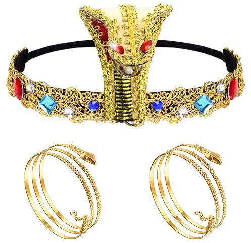 3 Stk Ägyptisches Kostümzubehörset, Ägyptische Kobra Kopfbedeckung mit 2 Stück Metall Schlangenarm, Kleopatra Kostüm Kopfbedeckung Armreif für Cosplay Karneval Halloween Fasching Kostüm Party