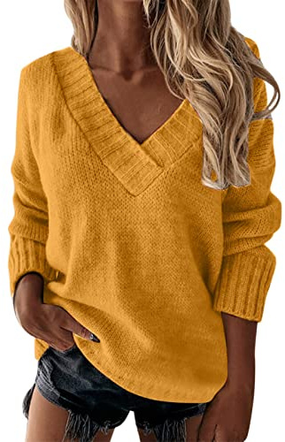 Genérico Jersey Punto Mujer Cuello Pico Suéter Otoño Finos Manga Larga Con Cuello En V Liso Para Mujer Amarillo S