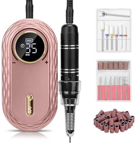 Uppladdningsbar Elektrisk Nagelfil Professionell: Madenia 35000 RPM Bärbar Nagelfräs för Gelnaglar, Sladdlös Elektrisk Nagelborr för Akrylgelnaglar, Salong, Hemmanikyr, Rosa