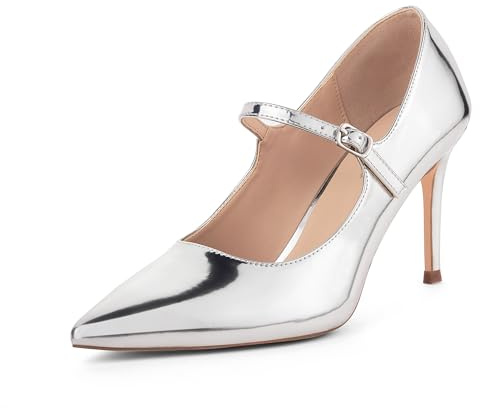 GENSHUO Escarpins Mary Jane Femme, Talon Aiguille 8 cm, Bout Pointu, Cuir Verni, Élégants et Confortables pour Bureau, Fête, Design Vintage, Argent, 42 EU