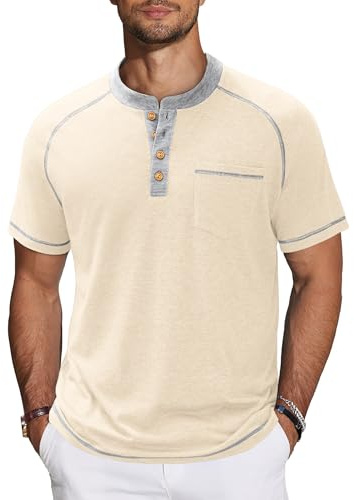 TARAINYA Henley T-Shirt Homme Cotton Tee Shirts Manches Courtes éTé avec Poche Décontractées Regular Fit Beige Gris M