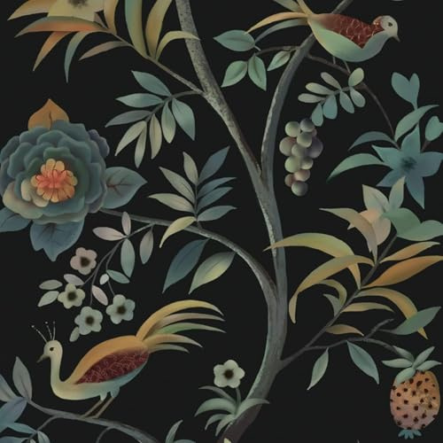 CiCiwind Papier Adhesif pour Meuble Noir Lisse 40CMX3M Film Autocollant Fleuri Oiseaux Meuble Décoratif Papier Peint Adhesif Mural Rouleau Vinyle Autocollant Impermeable pour Cuisine Tables Armoires