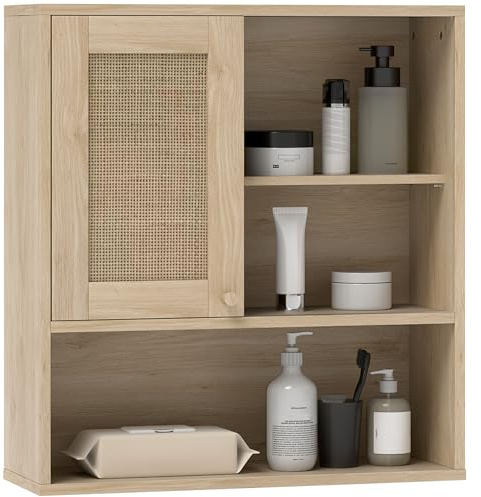 HOMCOM Armoire murale, meuble haut salle de bain avec porte coulissante en rotin et étagères ouvertes, meuble de salle de bain style bohème, meuble de rangement suspendu, 60 x 20 x 65 cm, bois naturel