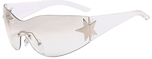 pvucpot Lunettes de Soleil Sans Monture pour Femme Homme, Lunettes de Soleil Y2k Enveloppant Lunettes Futuriste de Mode avec Étoile