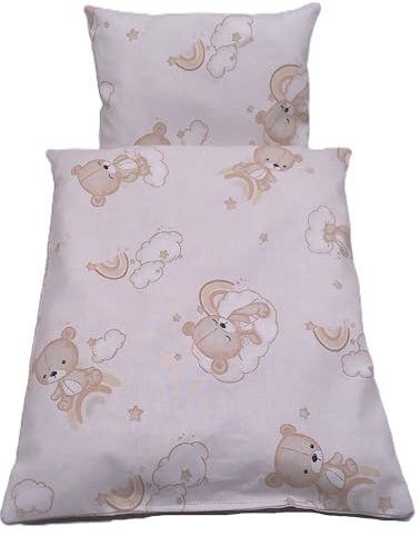 Puppen Bettwäsche aus Baumwolle für kleine Puppenbetten, Puppenwiege, Decke 33h x 28b, Kissen 16h x 22b (Schlafteddy)
