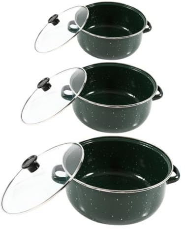TOPPERFUN Mini Enamel Soup Pot Set Green 3pcs Including Double-handle Noodle Pot and Flat Bottom Stockpot Lid for Stove-top Cooking