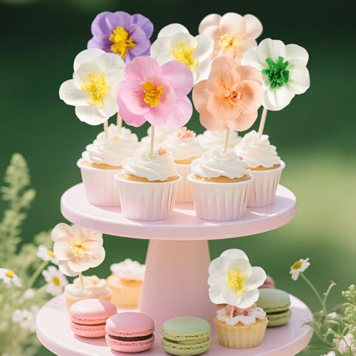 SUNBEAUTY 12 Stück Papierblumen Cupcake Toppers Seidenpapier Pompons Kuchendekoration Kinder Junge Mädchen Geburtstag Baby Shower Party Dekorationen Zubehör