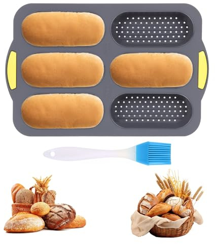 Moule à pain en Silicone, Moule à Pain Baguette Français, Moule Perforé Antiadhésif, Mini Baguette Plaque à Pâtisserie 6 grilles, avec Brosse à huile, Parfait pour Boulangerie Maison