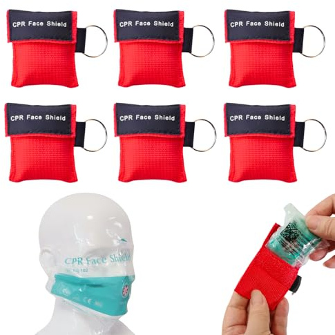 DZTSMART Beatmungsmaske 6 Stück,CPR Maske Schlüsselanhänger mit Karabiner, Beatmungstuch mit Rückschlagventil Atmen Barriere,CPR,Taschenmaske für Erste Hilfe oder AED Training (Rot)